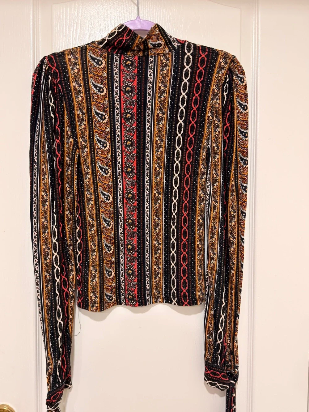 Free People XS Boho Paisley Tie Sleeve Long Sleeve Top Festival